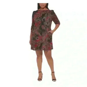 Jessica Howard Womens Knit Paisley Shift Dress Black Red Size XL Party Cocktail